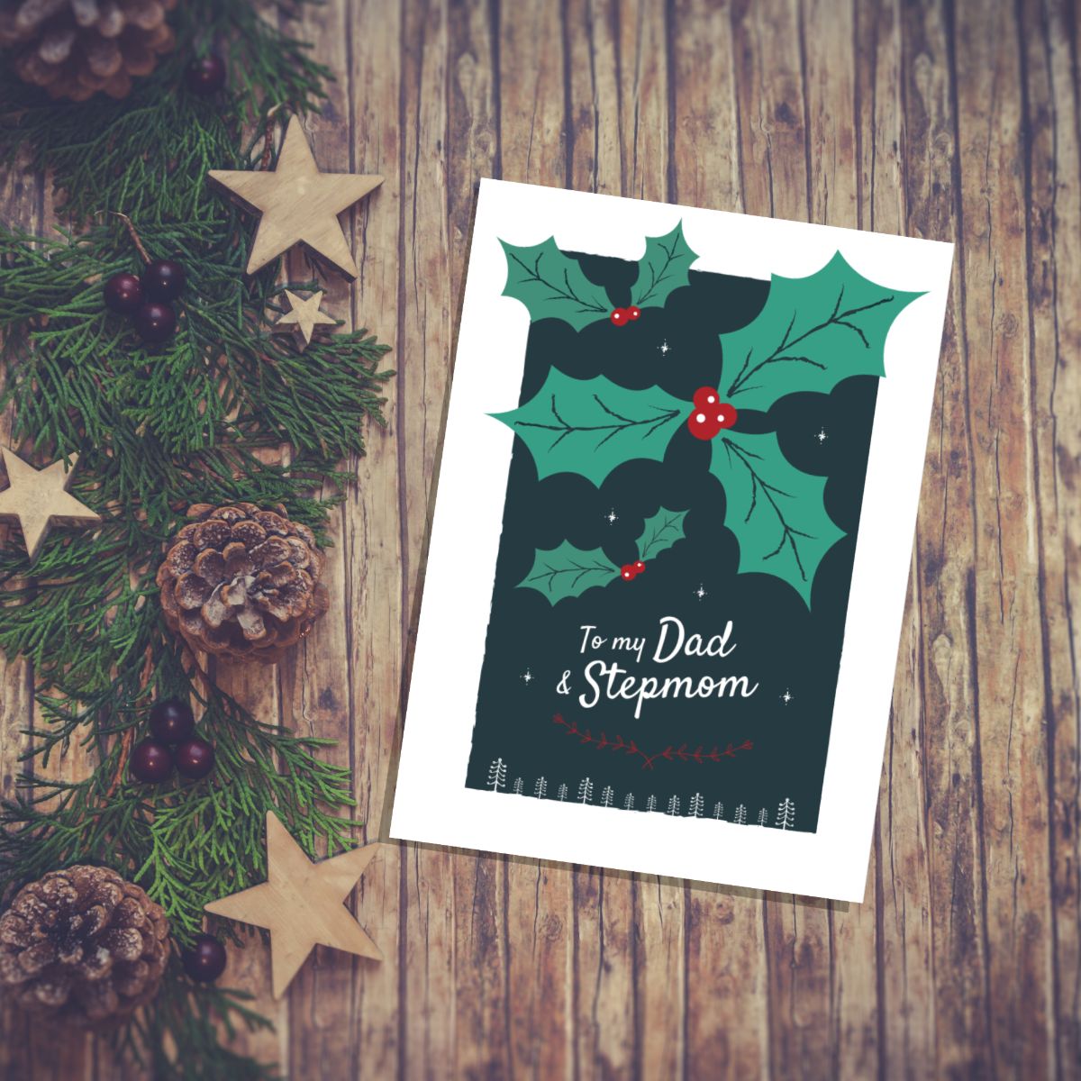 Holly Design Christmas Card for Dad and Stepmom