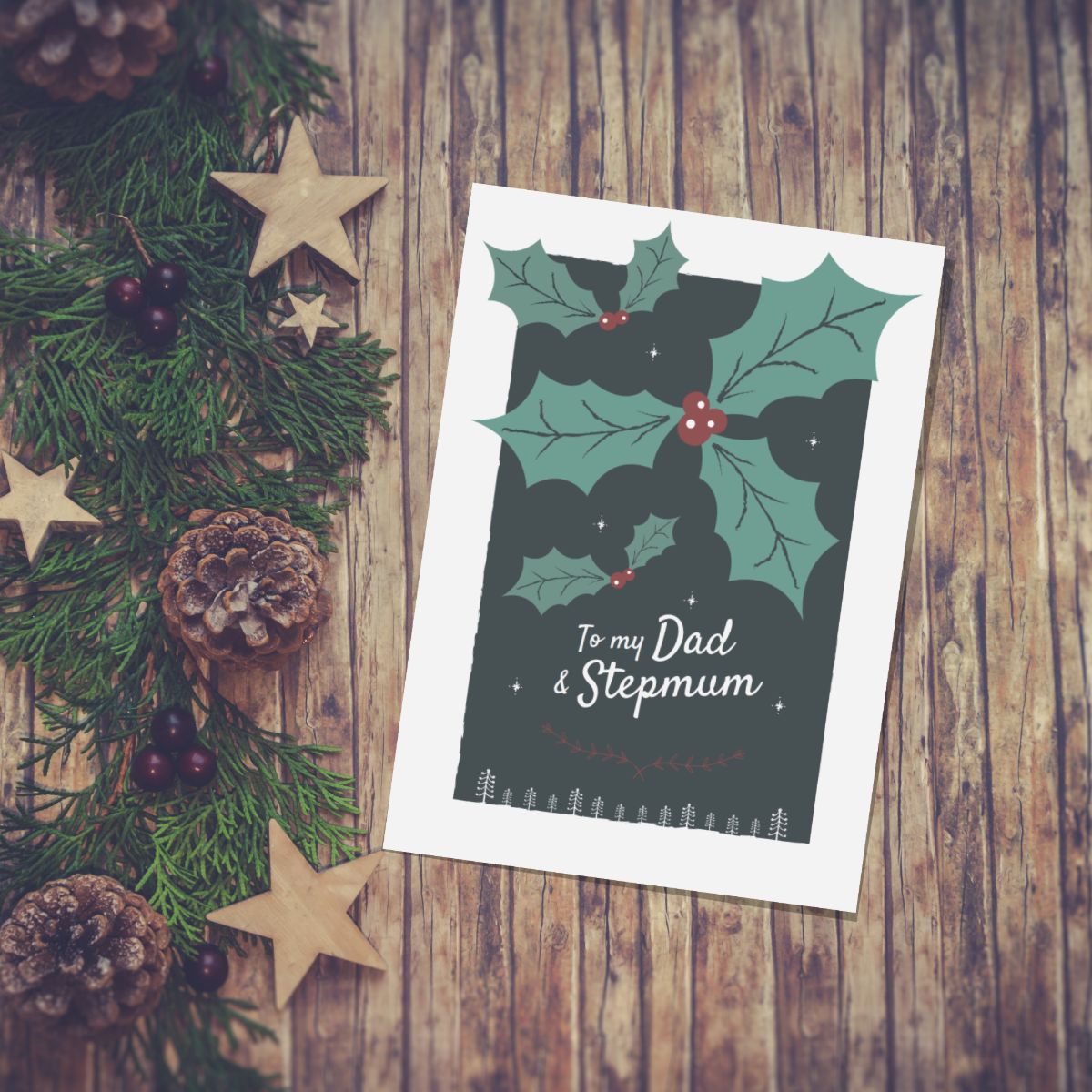 Holly Design Dad and Stepmum Christmas Day Card