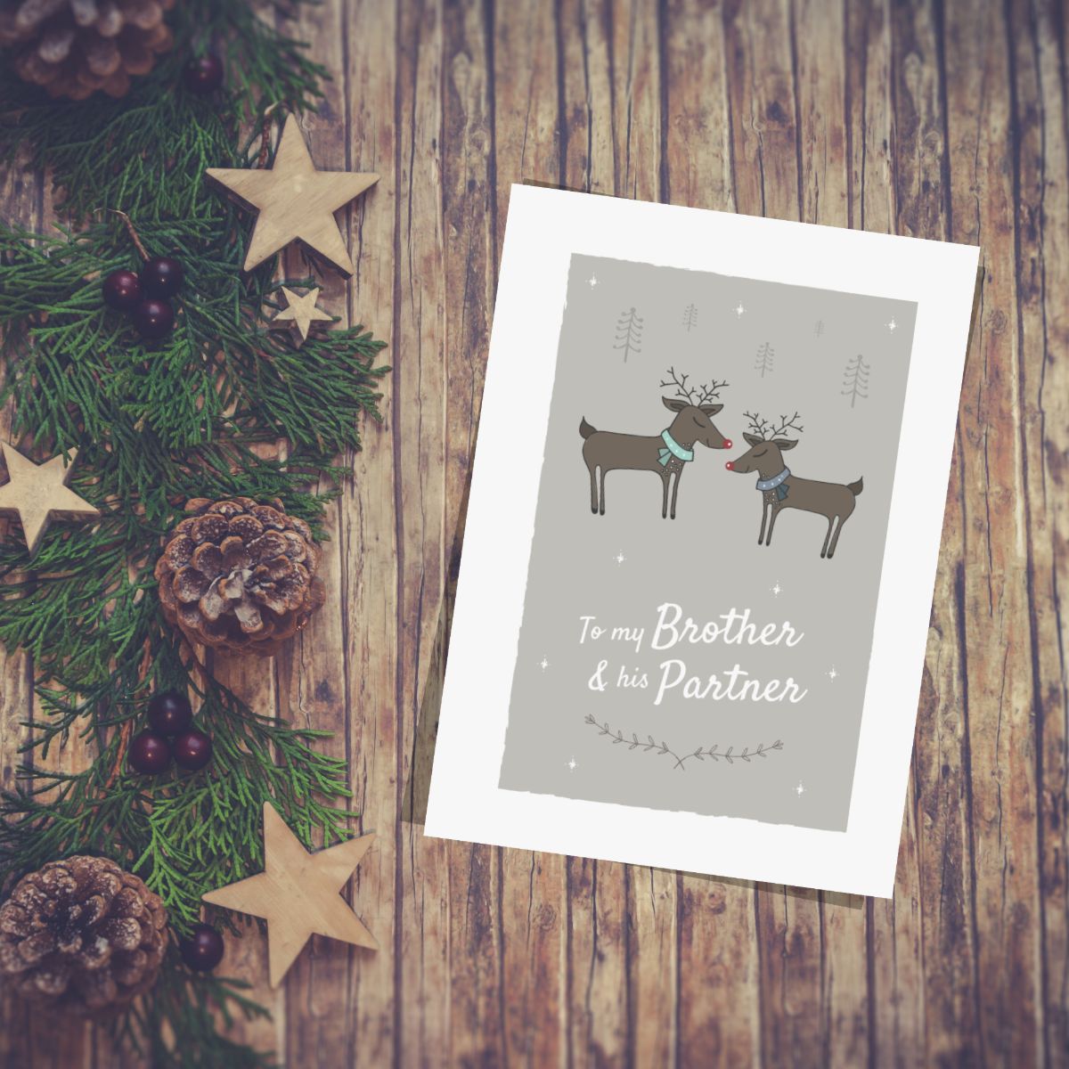 To my Brother and his Partner Reindeer Design Christmas Card