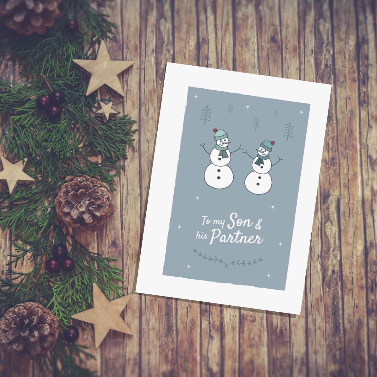 Gay Son and Spouse Christmas Greetings Card Snowmen