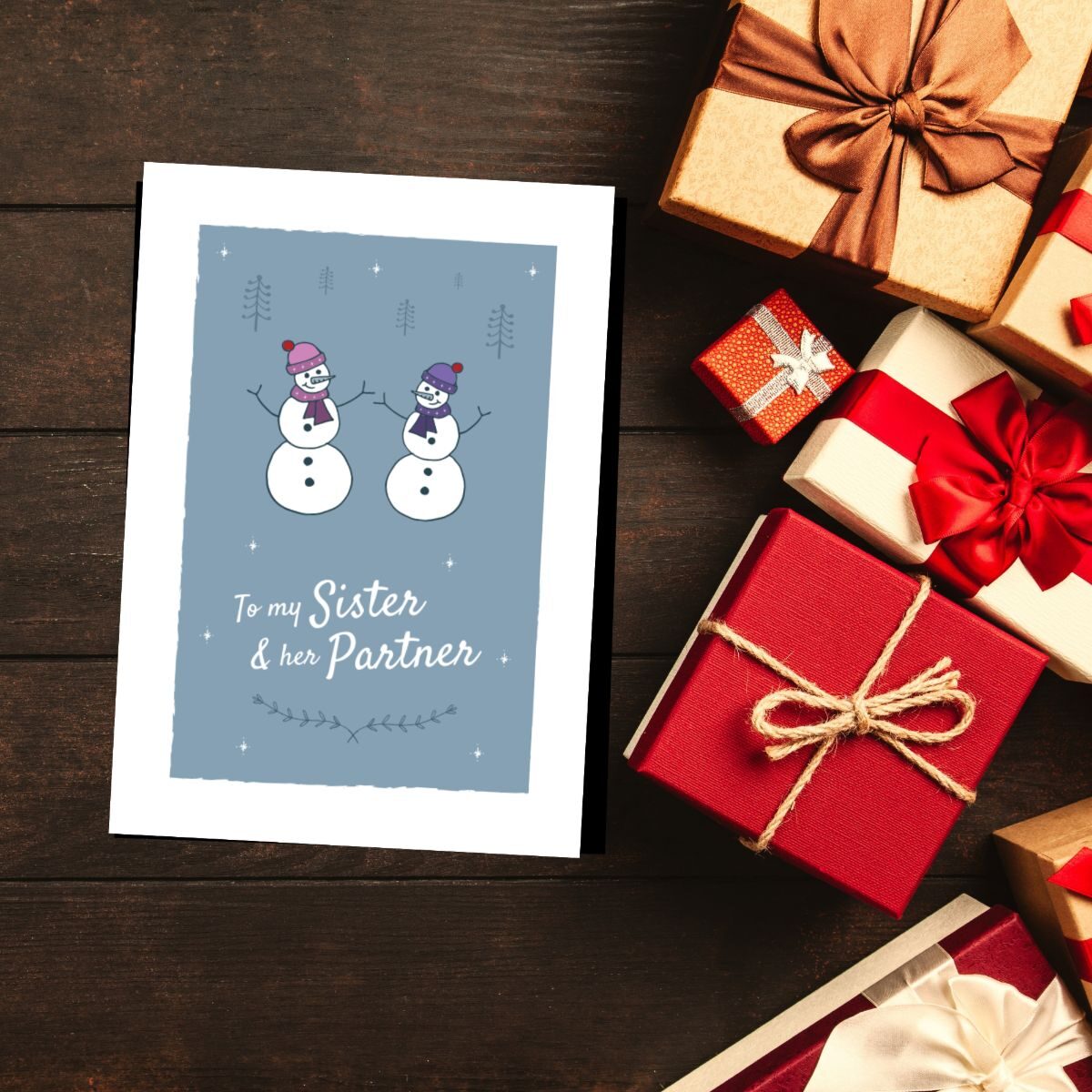 To my Sister and her Partner Snowmen Greetings Card