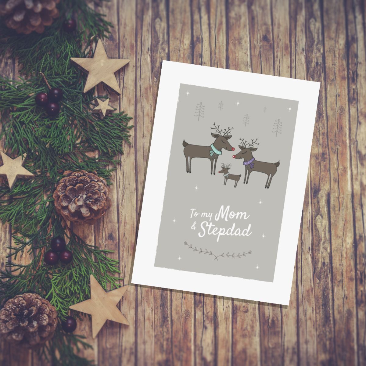 To my Mom and Stepdad Reindeer Christmas Card