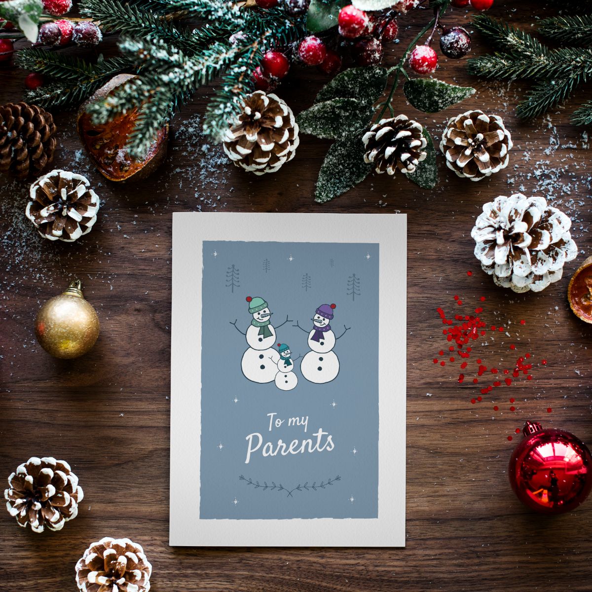 Christmas Greetings Card for Two Parents Snowmen